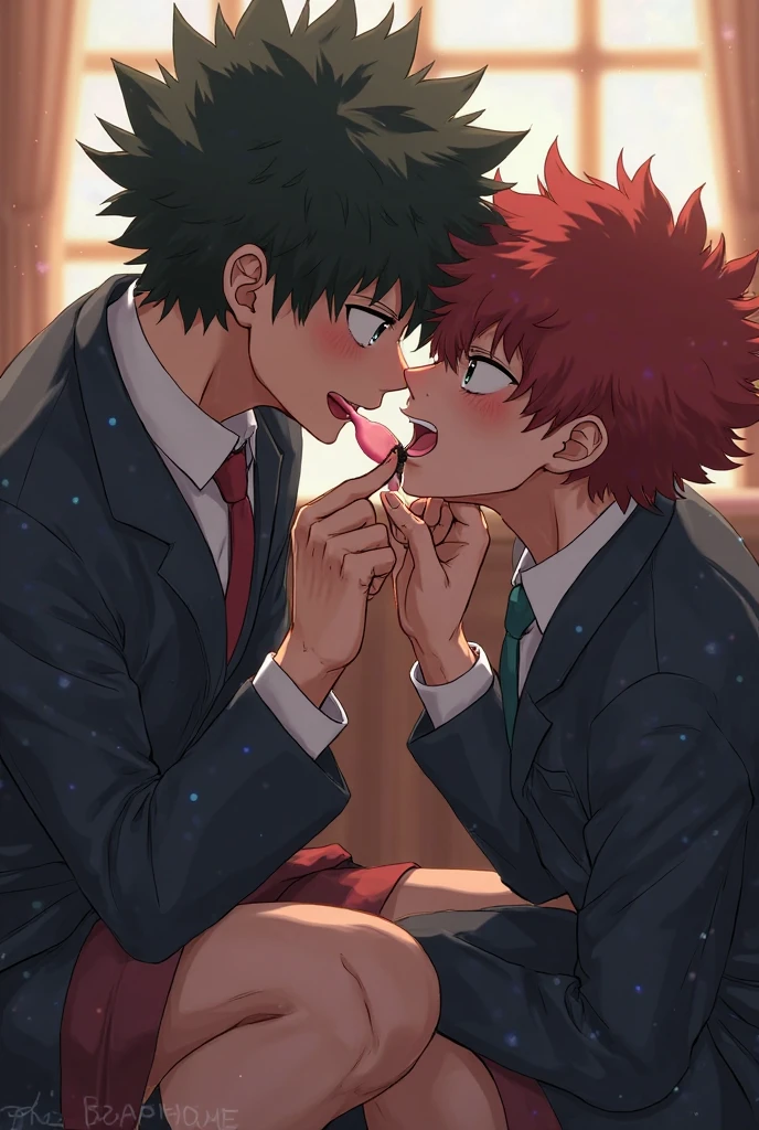 young light-skinned asian male, thin features, short black hair, closed eyes con uniforme de Slytherin camisa blanca, black and green robe passionately kisses young pink-haired man, closed eyes, shorter in stature and childish features without glasses in a Slytherin uniform, black and green robes and white shirt, both blushing against a wall