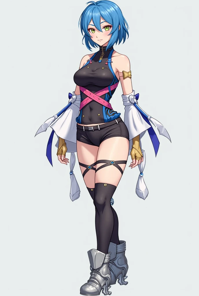 anime girl with a white top and black pants, long blonde hair tied in a ponytail, light blue eyes, anime cyberpunk character, blue mma gloves, sneakers, female anime character, anime character sheet, character concept, the anime girl is walking, full body concept, fighter pose, female action anime girl, single character full body, female protagonist 👀 :8, anime style character, anime character, fighting game character, lidia from tekken, fighting game character, guilty gear style,