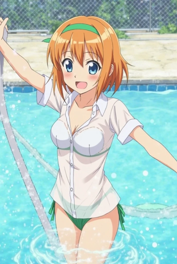 Masterpiece, Best Quality, extremely detailed, cheered up, girl,night pool,high waist bikini,SMILE,:d,action,(small breasts),ass focus nsfw, perfect, anatomy,
