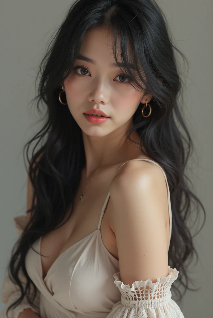 highest quality ,masterpiece,ultra high resolution, so beautiful, cute, (photo-realistic:1.4), 1 girl, Japanese, black hair、long curly hair、cinematic, 35mm lens, f/ 1. 8, accent lighting, 8K, Ample breasts, V-neck, White pajamas, Bedroom、dark room、lie down