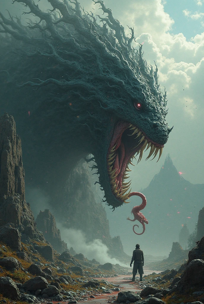 A very detailed painting,Depicts a man on a hill gazing at a giant alien monster, author:Shinkai Makoto, By Art Jem, From Wlop, author:Greg Rutkowski, Volumetric Lighting, Octane Rendering, 4K resolution, Popular on artstation, masterpiece