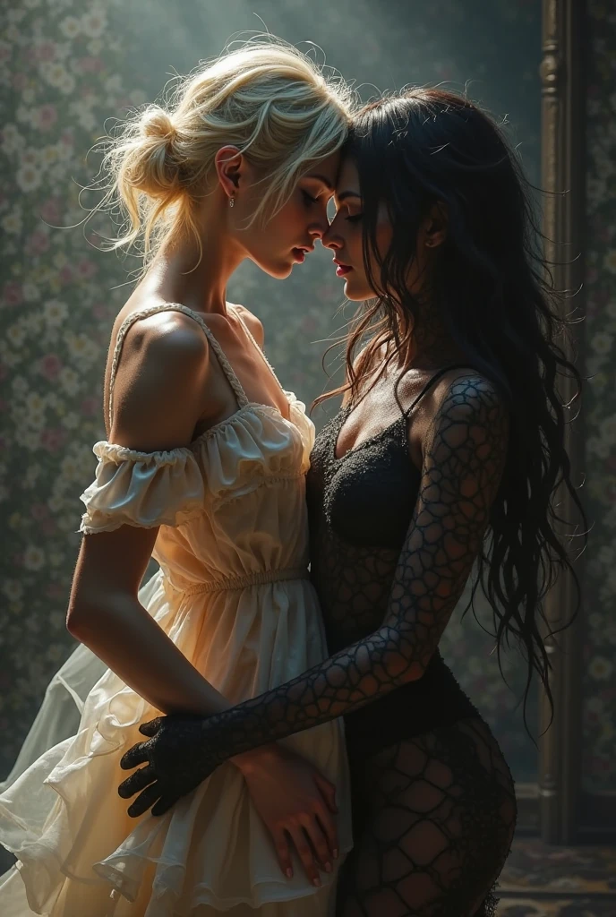 beautiful womens; looking for a forbidden book in ancient library with a lost of mistery and secrets; caravaggio painting; ; violet sorrengail; two womens being intimate with the books; chiarosescuro; no purple hair; first woman blonde and second woman brown hair; architecture; vaulted arch