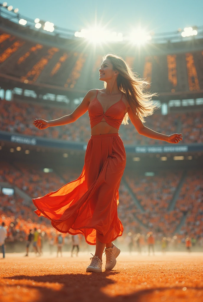 American sexy young lady dancing on the stage of in sunny day in stadium with fully joy