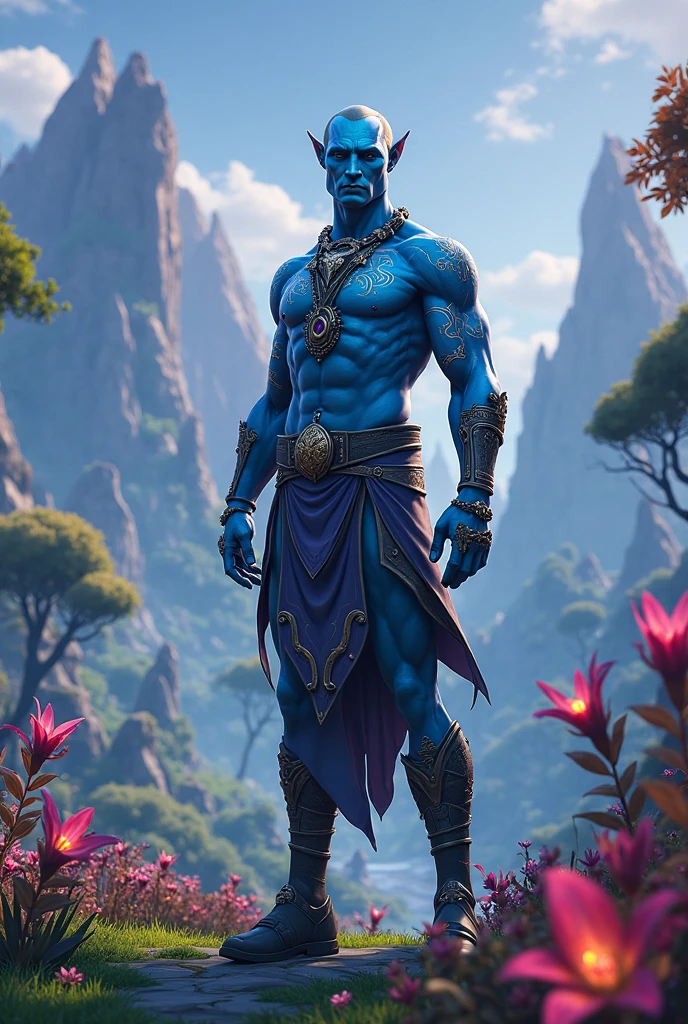 masterpiece, one man, muscular blue skinned elf, wearing revealing elven armor, running in the woods, shirtless, HDR, 8K, sunbeam,