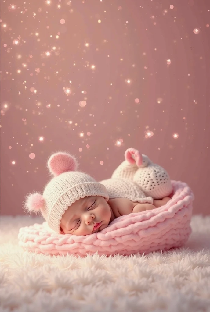 Funny Newborn Baby , rosy-cheeked, Thick, smiling sleeping in a white basket on the sides snow-white lace frills, there is a pink fluffy bow on her head , 8 K (masterpiece), ((top quality)), (super detailed), arms and legs folded funny, makes you laugh,