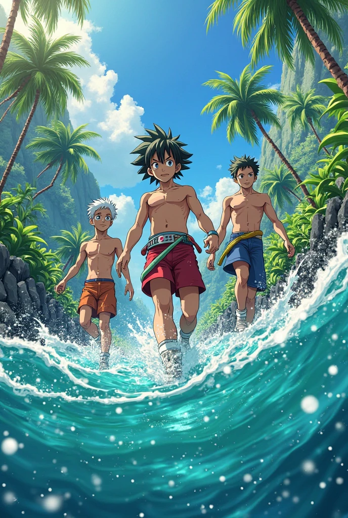 un dibujo de un grupo de personas montando olas encima de una tabla de surf, Anime Seven Deadly Sins, by Yumihiko Amano, escaneo de manga coloreado, by Eiichiro Oda, Portada manga a todo color, hirohiko araki art, by Hirohiko Araki, by Yanagawa Nobusada, arte oficial, portada de manga, obra de arte de hirohiko araki convertidos en personajes de roblox junto a todo lo demas