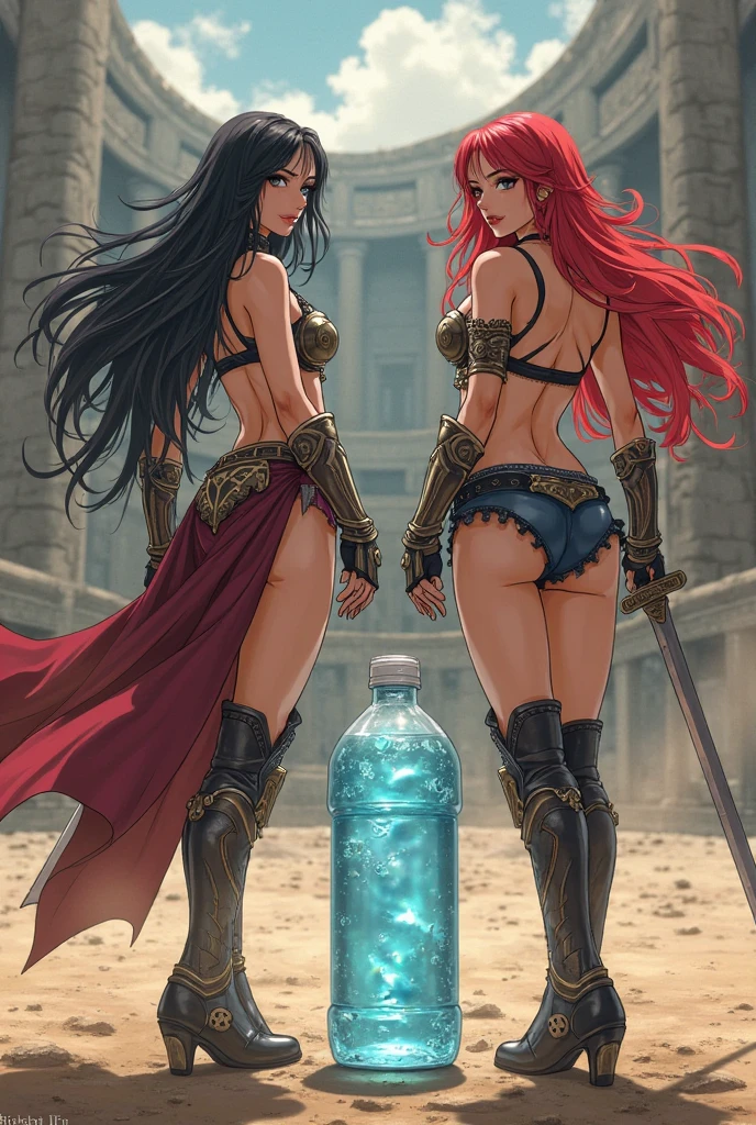 2lady, Kneel down, Back,Stretch your legs,foot,foot趾,Red Hair,Sexy,Nude Jersey, Holding a long sword,Side breast, Sexy的大腿,大wave发,Holding a spear,The fox is nearby,Delicate face, black eyes, A faint smile, become a, Large Breasts, Moonlit sky,Sky background at night,Ocean,wave,Rose
