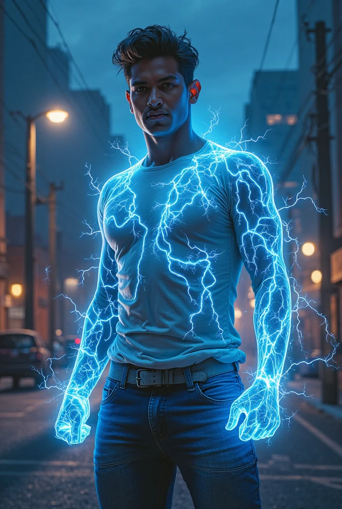 Realistic 12 yo muscular white boy with red hair shirtless wearing tight jeans cinching black leather belt tight around waist electric sparks from belt buckle tennis shoes.
