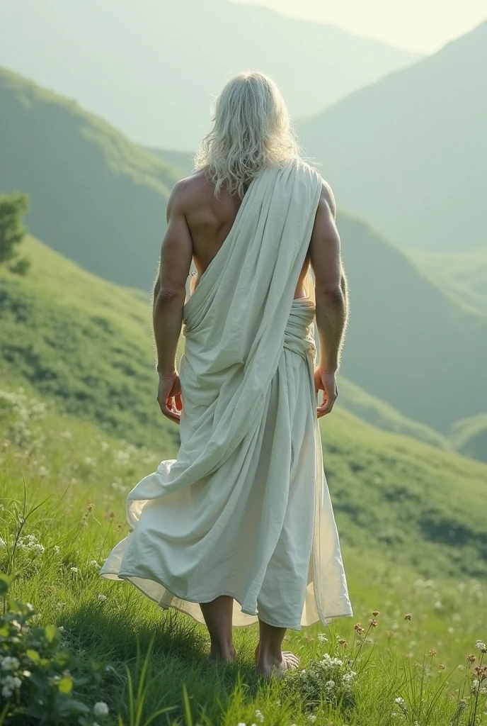 Generate a majestic image of a young gods, surrounded by an aura of power and grace, white hair, shirtless, slim body ,emanating wisdom and strength around you