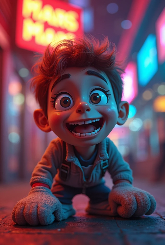 a cartoon caricature of a young boy wearing a purple t-shirt with a yellow half moon graphic design, under the moonlight, halloween night, portrait, exaggerated features with a large nose and big eyes. Masterpiece, Best Quality, Realistic, glowing, textures, 4K. (((Silhuette))) of Giant purple (Cat Monster) background.