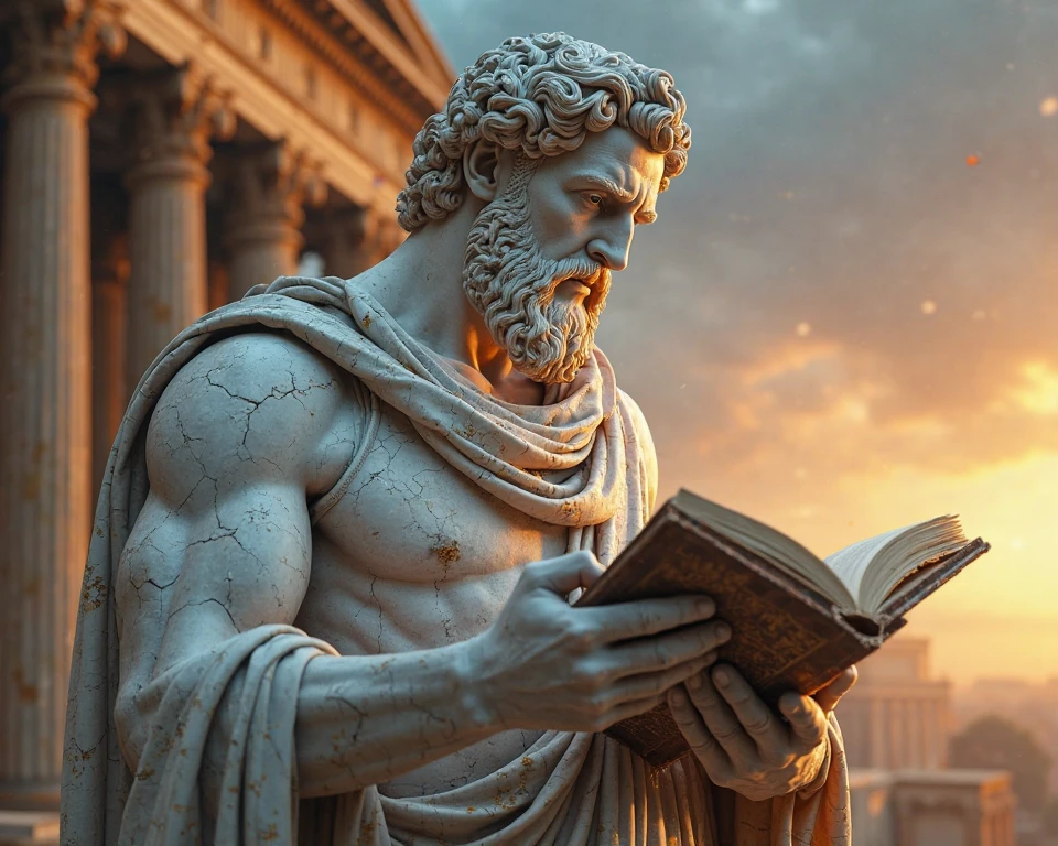 A stoic statue, very muscular in a dramatic tone, holding an open book, with a beard, a blurred background in ancient Greece, resembling Marcus Aurelius, in 8K resolution