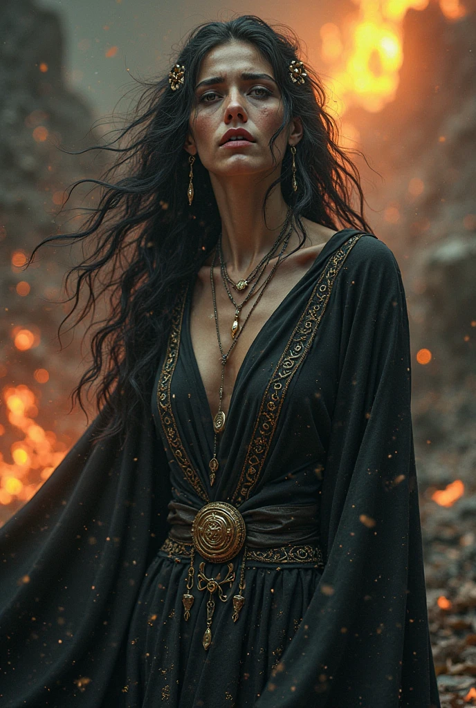 ruins of an ancient time being observed by orange smoke with a woman's face 4k