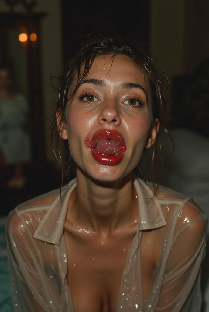 ((best quality)), ((masterpiece)), (detailed), perfect face Ukrainian teen((18 year old))girl with glasses,huge breast, piss in mouth,drinking piss ,in toilet floor