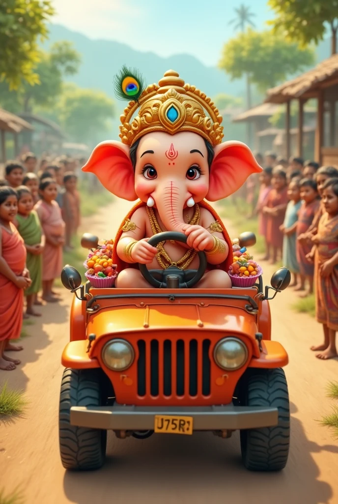 Little ganesh ridding car say good morning  text 
