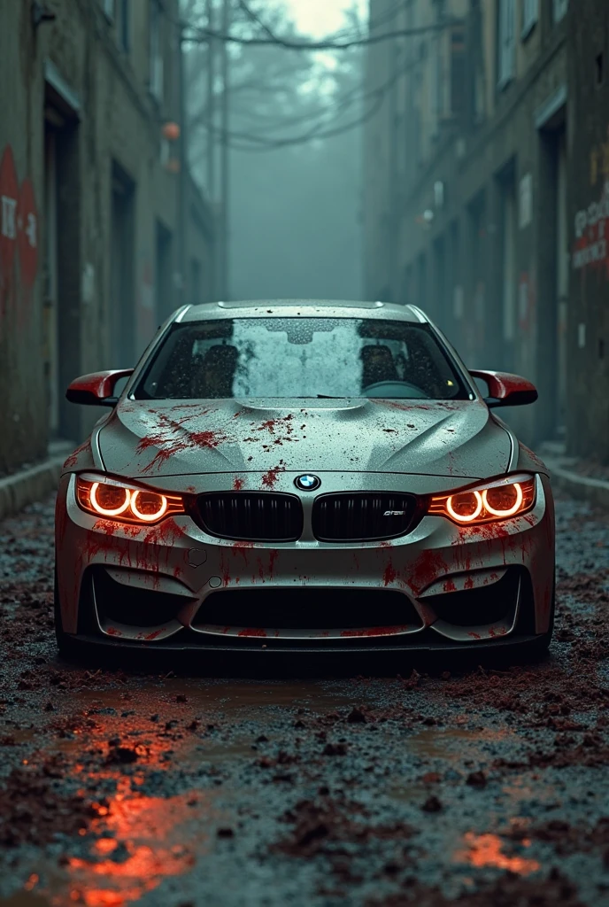 Scary bloody white blue 
bmw m5 in in light rain with orange neon lights
