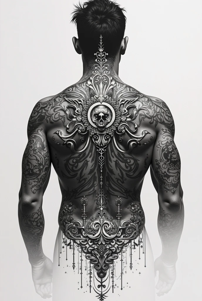 Develop a powerful tattoo that can attract geometrical energy and vibrational energy for men for my back include all the elements and charas in it
Include the unified field make it more bigger and in detail for tattoo artist to see
Make it a bluprint sketch now