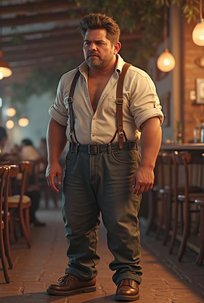 Masterpiece, ultrarealistic, a photo of black boy, very fat, drunk, drink beers, bald, Goatte, drunk pose, red robbed shirt, medieval theme, fullbody, bar medieval background