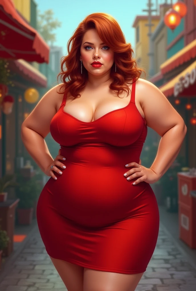 Fat pregnant triss merigold, red lipstick, eyeshadow, blushed, surprised, big cheeks, leather dress, Big lips, double chin, chubby body,bbw, morbidly obese, pregnant belly, holding a potion, uncontrollable weight gain