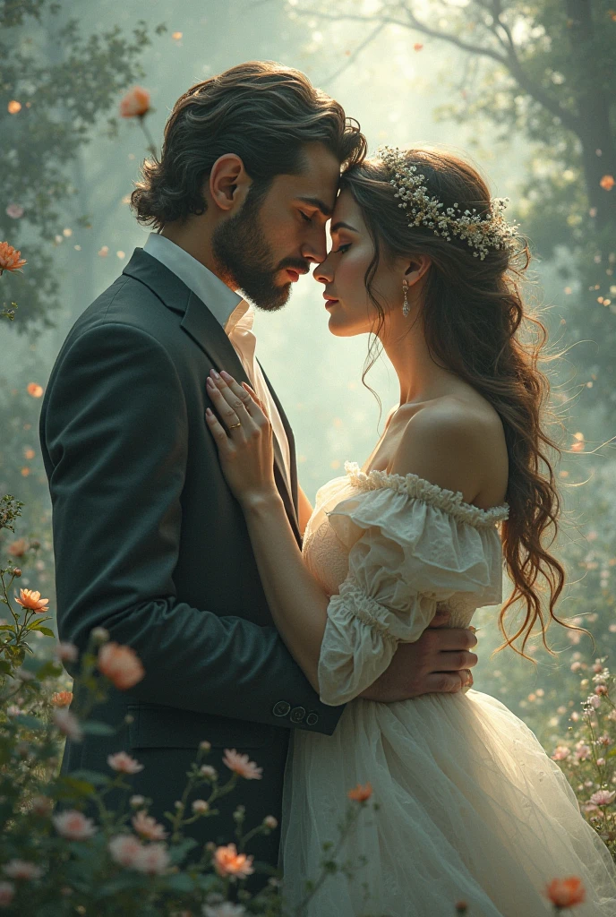 English woman 20 years old,skin fair,sparkling green eyes,dark purple hair,white gown,She is serene,kissing a blond haired man,forest of light scenario,scenarioposes,make-up,cinema image,品質,full body images,detailed,full body image,high resolution,