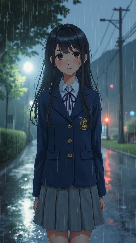Anime girl with a teddy bear, com um guarda chuva em um morro okhando para baixo com varios predios altos em um dia chuvoso --auto