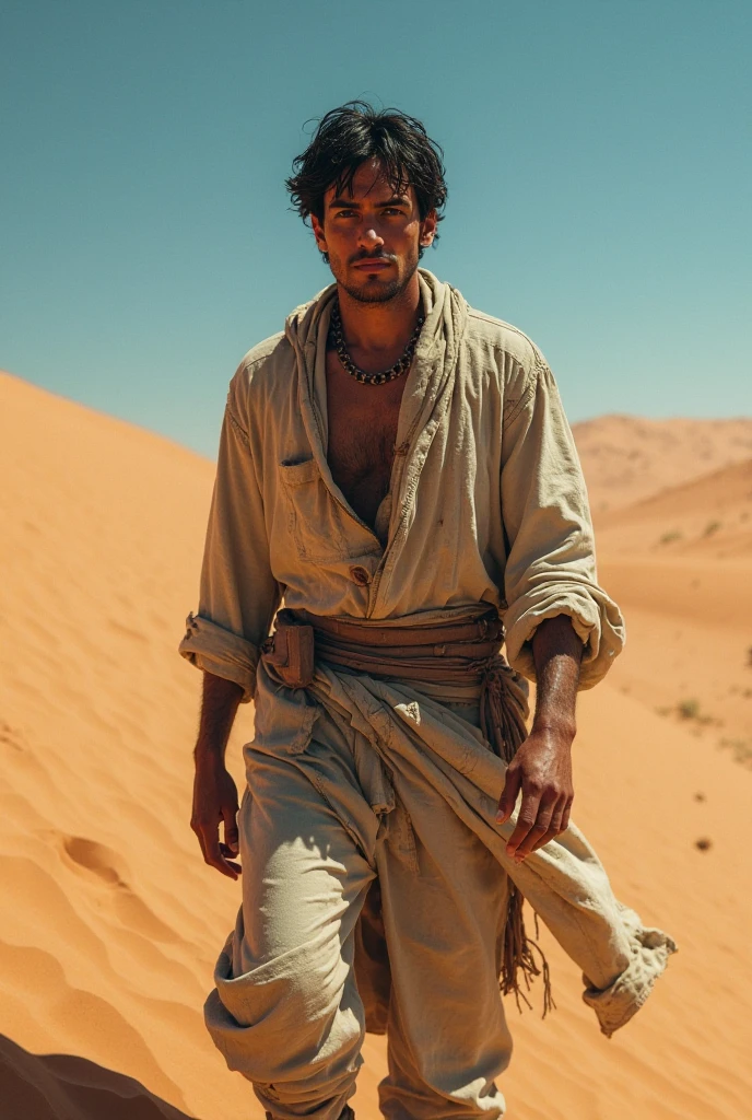man starving in the medieval desert ,skinny with a pale gaze and asking for help. with torn clothes
