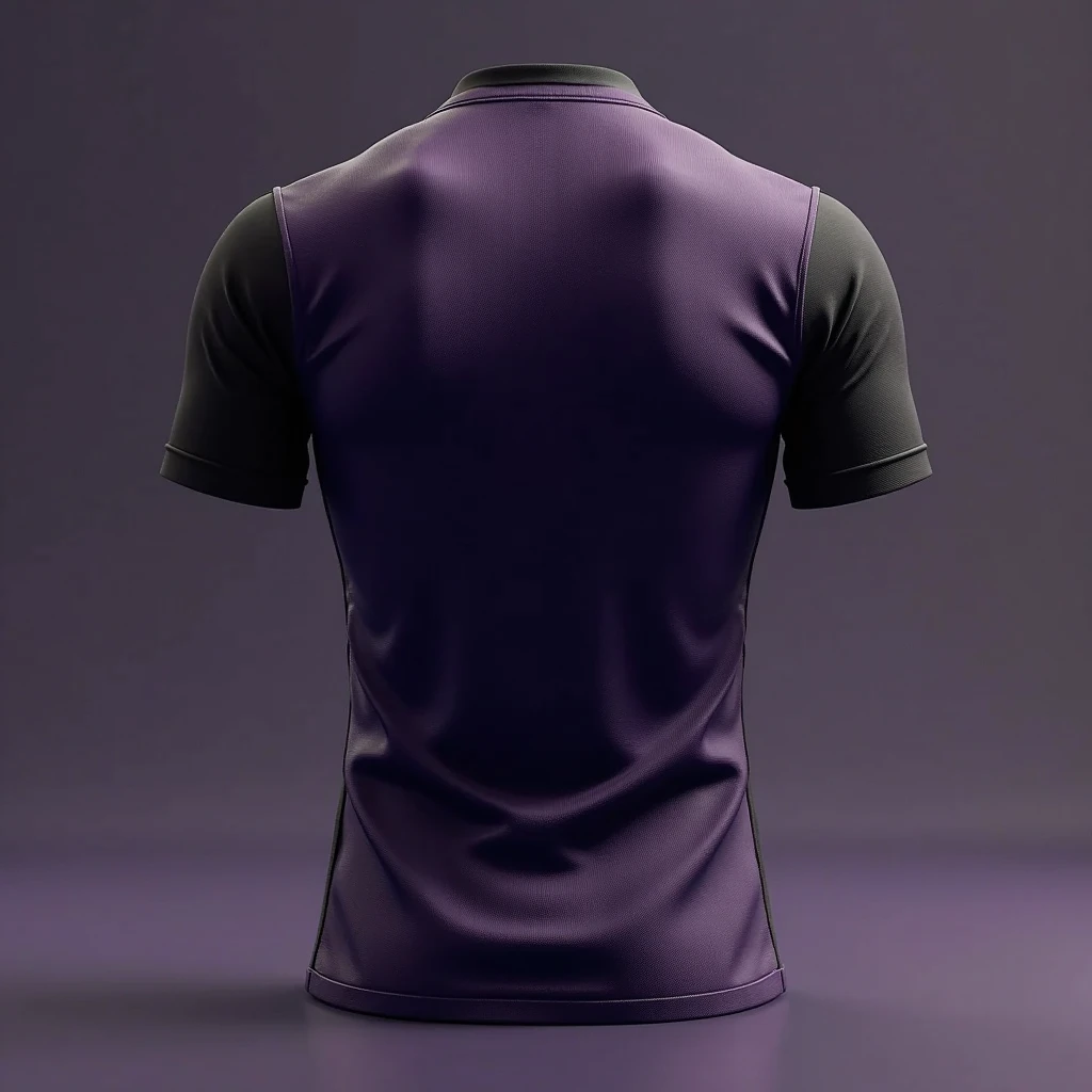 A black team jersey with a purple gradient at the bottom of the jersey, and with the purple collar too. This has great fabric.Show me the back of the same shirt