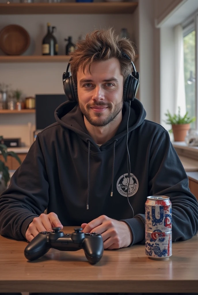 (Photorealism:1.2), blond, slightly chubby European man with glasses playing with the Xbox series s with his controller where the charging cable is plugged in. There should be beer next to him. His polo shirt is said to have Fritte written on it