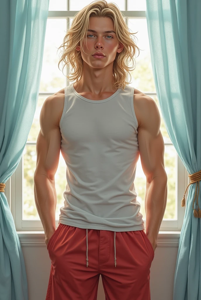 1man, realistic photo of  aroused muscular charming handsome attractive twink vampire man Alucard with long blonde hair and glowing amber gold golden eyes wearing  lacey lace  dress 👗 twink vampire, twink vampire wearing a dress skirt, man in dress, lacey dress twink muscular legs skirt dress, standing in a bedroom doorway, gold and blue pink   with pink bows skirt, skirt with garter belt 