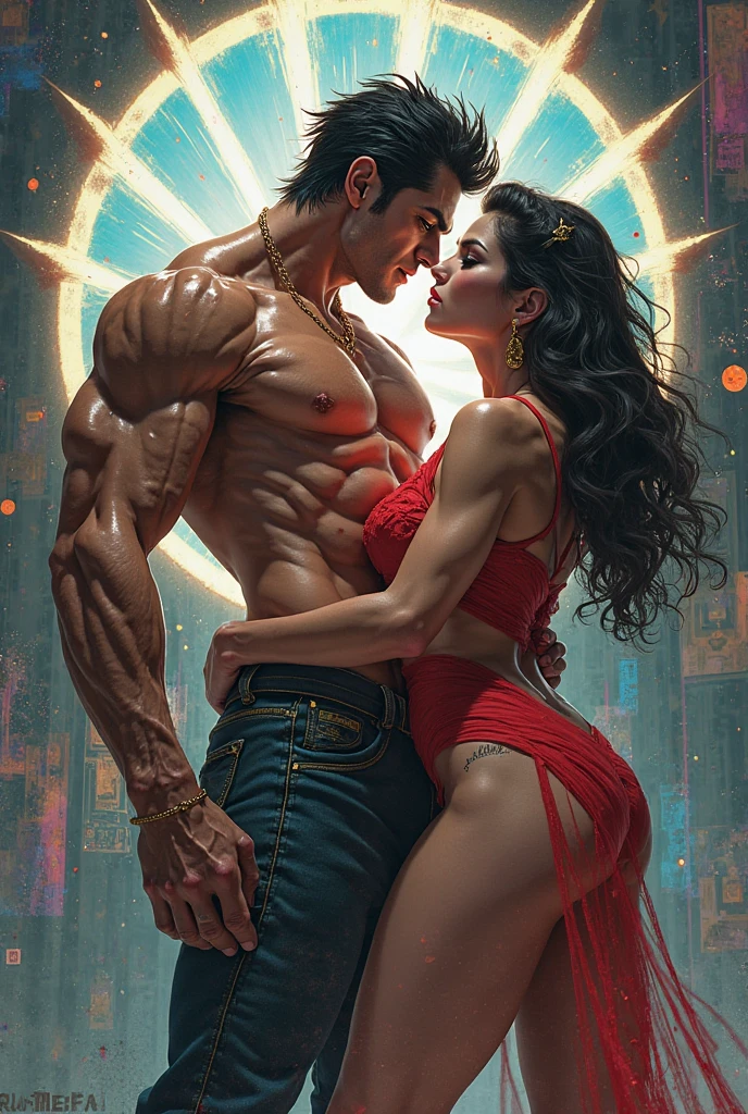 2girls, couple, hugging, (masterpiece, best_quality, ultra-detailed, immaculate:1.3), epic, illustration, 1girl, full body, stoic orc mountain viking warrior, (muscular:1.3), leather armor, leather pauldrons, , (tattoos, face tattoos:1.4), light copper hair, side braid,Spiral Curlsfur cape, handstand, with a pet Axe Beak, , in moody Paris, in an contemporary, deciduous alien space ship, bombshell hair, bright crimson hair, hair over one eye,Side Ponytail, yokozuwari