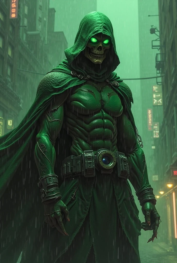 Make an alien race, as if it were a zombie, with futuristic clothes and equipment. as if they were living dead. its skin is green and in necrosis. Furthermore he must be strong. with the appearance of a monster and has the appearance of a general
