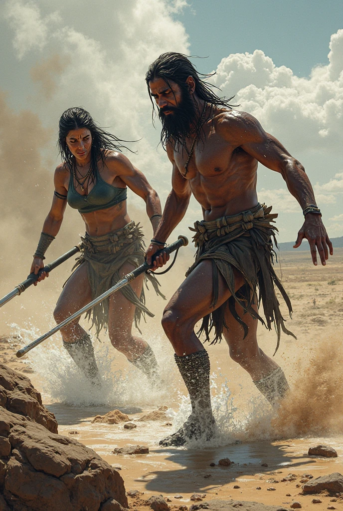 Muscular primitive man and woman running out of a cave head on.
He with a kettlebell in his hand and she with a dumbbell in her hand