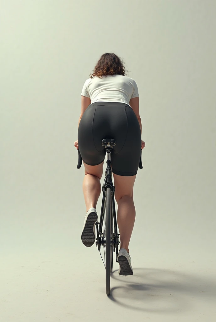 Full length photo of a ????? red-haired girl with an athletic build, wide hips and large breasts. Sitting on a specialized S-WORKS road bike. She is wearing only short shorts and road cycling shoes.. back view.