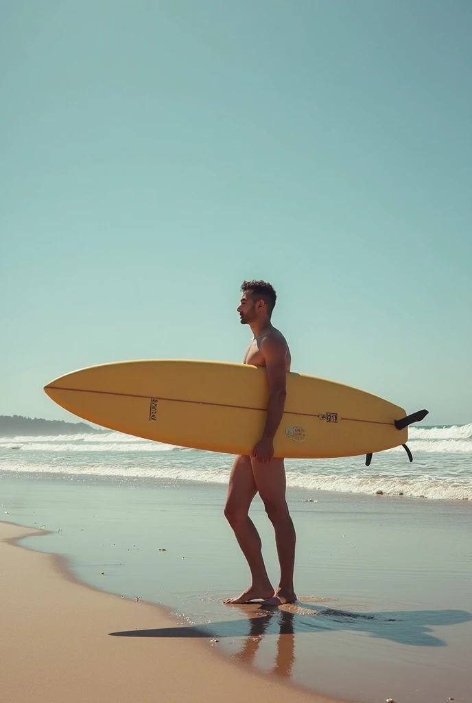 A shirtless naked young man stands on a beach, holding a beach ball in his groin, with a gentle wave lamented, The two fingers touch her hair. He looks directly into the camera with a confident expression on his skinny white physique, highlighted by the light blue ocean lighting behind him and the warm sand, which contribute to a relaxed and sensual atmosphere..The composition and lighting draw attention to her sculptural body., emphasized his strong and athletic build.The overall impression is of handsome youth and masculinity..