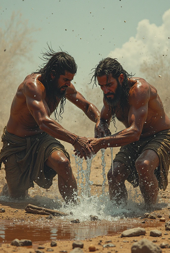 Strong hairy bearded men in colorful underwear inside a gold mine carving the rock with force.