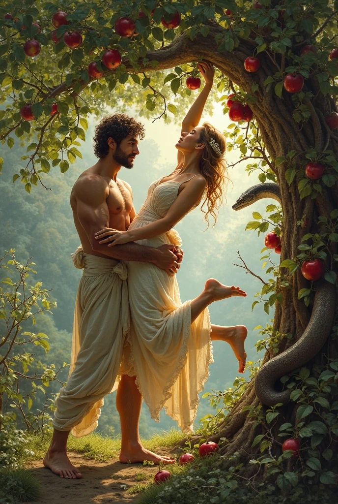 Adam joins his two hands and lifts Eve by her feet to the apple tree ...