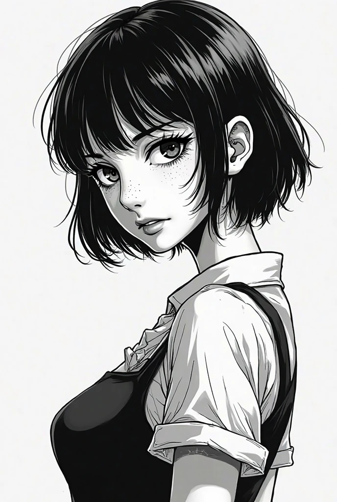create an illustration in the style of the Junji Ito manga that is a nail designer at home that is in the style of the Juji Ito manga and that is illustrating a Nail designer at home but not so macabre. You have to represent a girl who goes to the clients' homes . a girl with pixie cut hair that is midsize