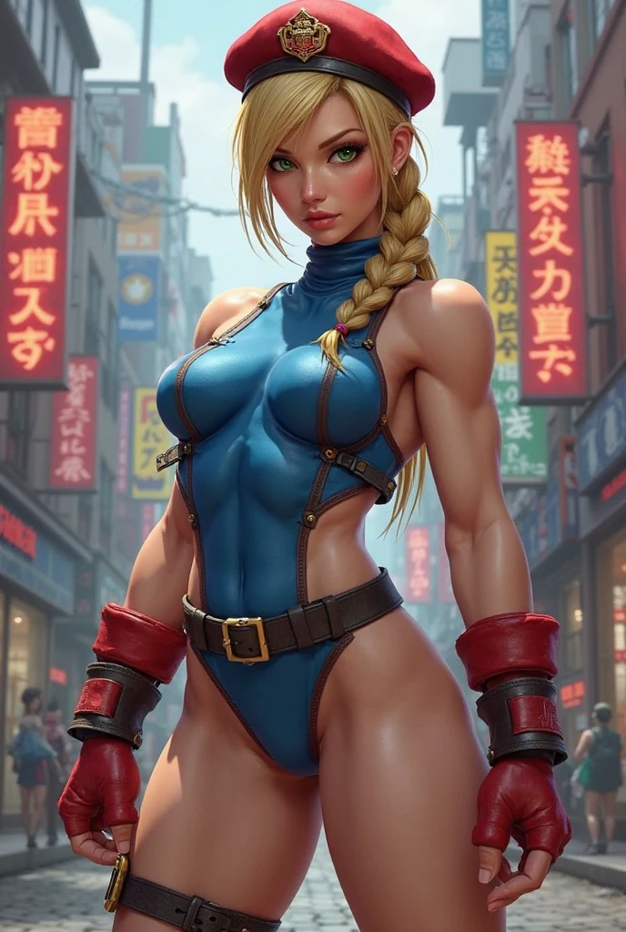 masterpiece, best quality, highres, 1girl, cammy white, twin braids, long hair, blonde hair, antenna hair, beret, (red headwear:1.3), blue eyes, scar on cheek, (((orange lingerie))), large boob 36 DD, sleeveless, red gloves, fingerless gloves, camouflage, cowboy shot, standing, outdoors, arms at sides, straight-on,