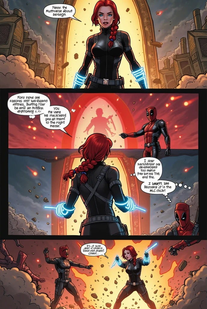 Young Star-lord with red hoodie, headphones, star-lord helmet, gas helmet, covered mouth, round red eyes, Red eyes, magic rings in the hands and rocket boots, Vs, Leona heidern (Big tits), Fighting, power, fiction, full body, 3 persons, magic lasso, hight, fall, fire in boots, poweful spells, fighting, helmet, mask, punch, gun, flying in the sky, magic portal, view of the city from above, hug, Anime