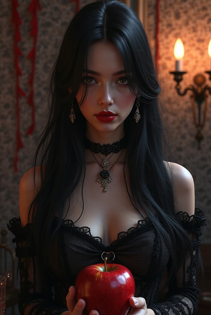 a woman wearing white and black clothing and lipstick, in the style of dark red and dark brown, beautiful women, chicano-inspired, dark black and dark beige, wavy, dark red and dark bronze, exaggerated features
