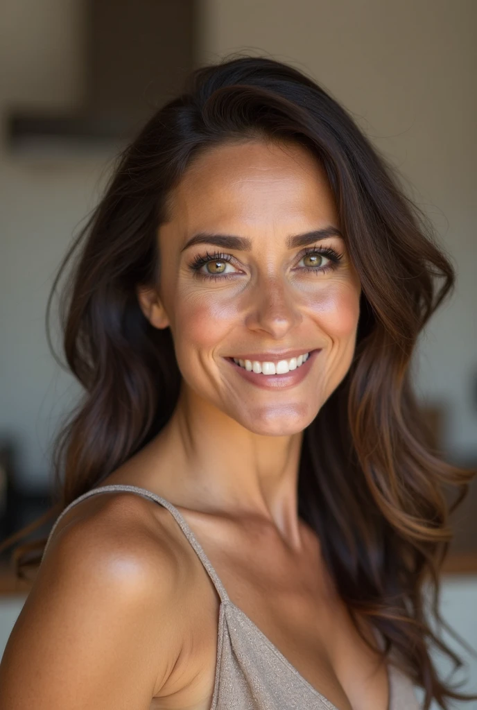 Produces a high-resolution image that portrays a beautiful  brunette woman in her 40s, with her hair up and silky. It highlights a woman in an environment where natural light enhances her features, providing her with a subtle glow. It captures her charming and confident expression, emphasizing her elegance and unique style. It uses lighting to highlight the details of the curls, highlighting the texture and movement of the hair moved by the wind, creating an atmosphere of beauty and sophistication that conveys a cinematic air to the scene, 8k hdr.