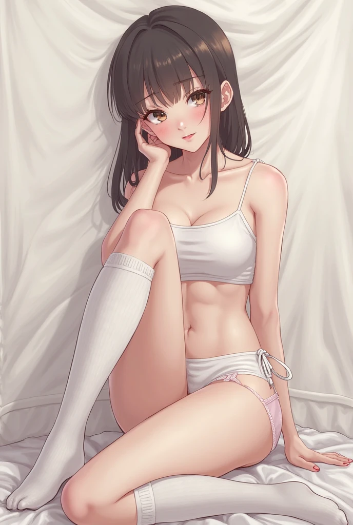 15 years old girl, sitting on the floor, clean bedroom, short white vest, white stockings, short briefs, full body, detailed vest line, detailed thighs, detailed belly button, black hair, single ponytail, red face, red lips, smile,