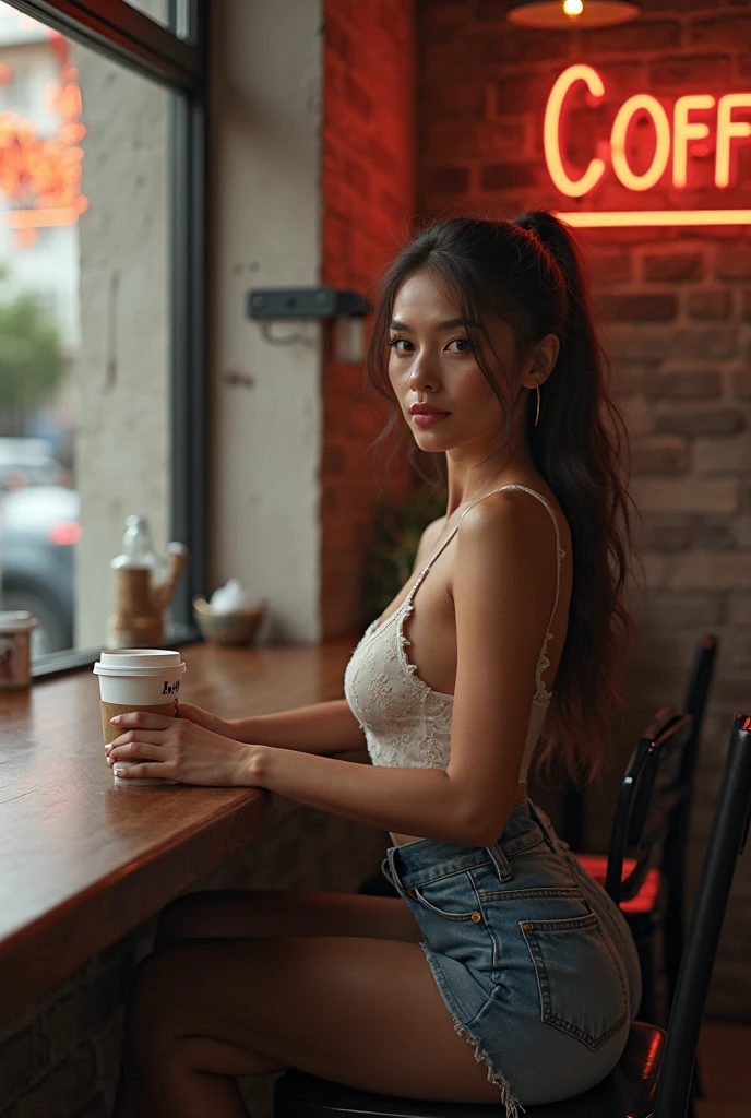 generate a master photograph describing a shapely Woman, a cozy scene inside a warmly lit café, (8K, best quality), she has a physique like Zendaya and Lin Chi-ling, smile, brown hair, black hair, asian skin (big chest, small tiny waist, big breasts), sitting by the window, holding a steaming cup of coffee and gazing out at the city street. Soft, warm lighting enhances the comfortable, inviting atmosphere, (She has sexy buttocks, Most sexy booty, Most sexy glutes), Womanly, Womancore, (She has fit hips, sexy hips, sexy fit hips, extremely sexy hips), (asian skin, glistening skin, beautiful complexion), shot on Fujifilm superia, (Studio soft light, high detail, cinematic lighting, rim lighting), Style: (hyperrealistic, by DynastySeries FashionNova, photo, {{{masterpiece photography}}}, analog photograph, professional fashion photoshoot, trending on artstation, synthwave, krrrsty), Quality: (photographed, masterpiece, highest resolution), Definition: (highres, sharp focus, 8k uhd, ultra photo-realistic resolution), Film: (80 mm, shot on portra 120, shot on Fujifilm), Resolution: (extremely detailed, (sharp focus:1.5), cinematic lighting, dramatic lighting, ultra photo-realistic), luxury: