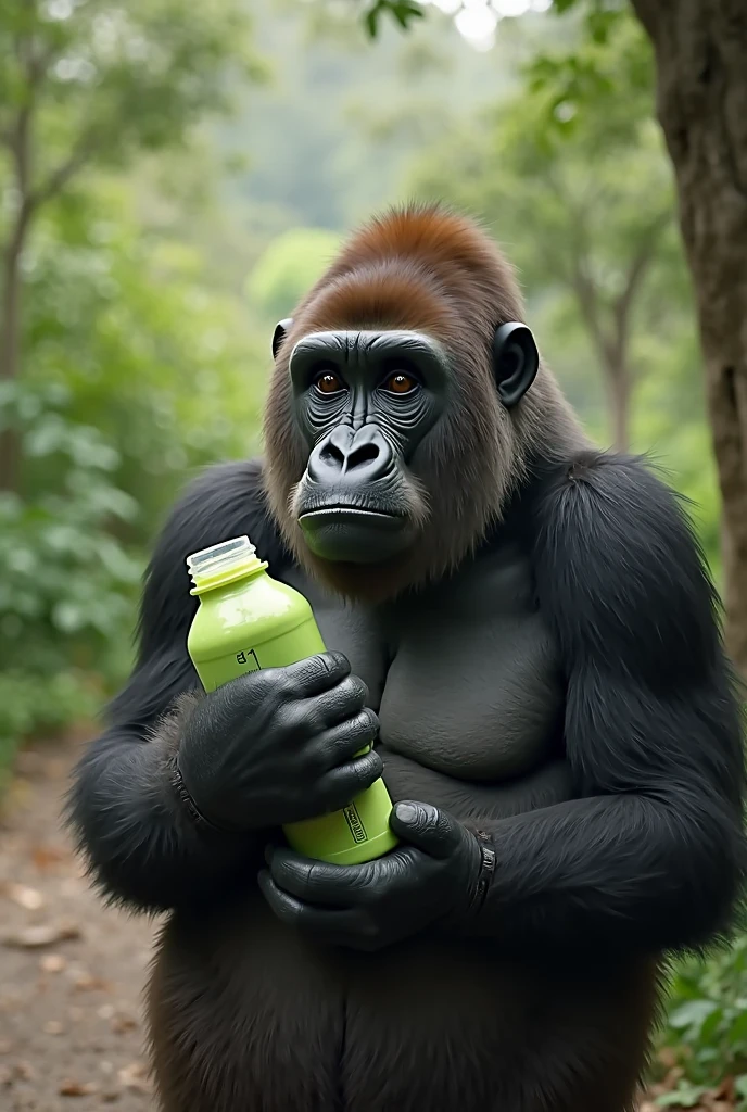 gorilla , in full growth, big blue eyes, in beautiful clothes, with a bottle in his hand, diapers, on a plain blue background,