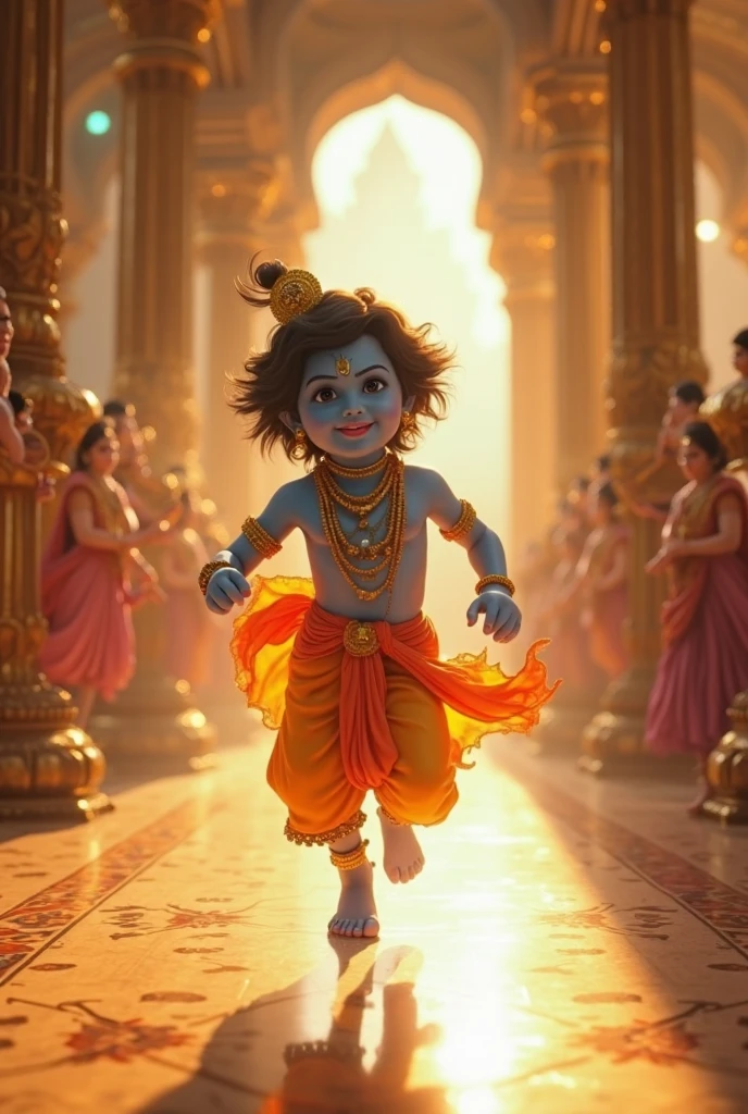 Realistic image of Lord krishna as  a 6 year old boy in village, normal human face and normal human eyes, create high quality realistic image, Landscape of bright village with people surrounding krishna, many hands of people holding him above, holding him using their hands on a raised platform, bight sky, vibrant colors, looking with smile, holding a flute in his hand, wearing a golden crown with a peacock feather in it, environment is background is of garden, image should ultra clear, hyper realistic, high quality 4k 