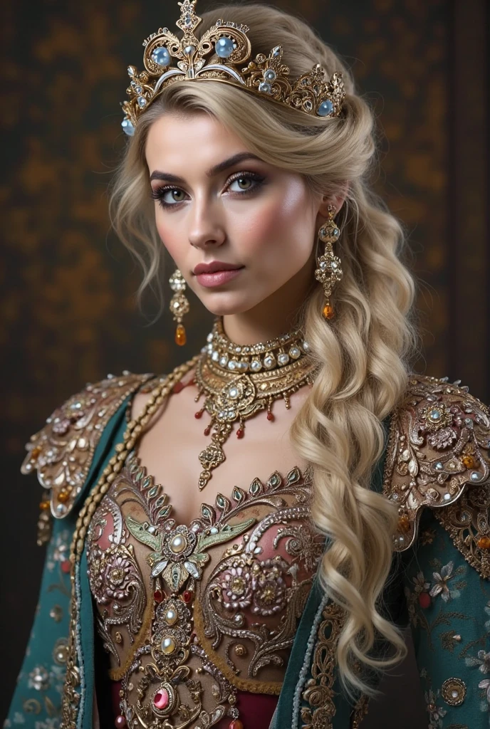 Generate a (hyperdetailed, realistic, Full Body), photo of Nia, (((turquoise color eyes))), (((long, silky, straight, Ombre blend of shimmering silver and celestial blue hair))), (((Position Nia with her long, silky hair styled in an elegant, low bun with sections of hair intricately braided and pinned back, adorned with small, delicate flowers woven into the braids))), (fair skin:1.4), (((Massive round natural breasts with deep cleavage))), (Massive round natural Breasts:1.8), (Greek and Russian mix ethnicity), (hourglass figure, perfect body, , perfect , masterpiece, best quality).(((She is wearing a flowing, floor-length Golden color medieval-style dress in rich Crimson Red jewel tones, the soft fabric complementing her curves. The dress features lace-up details, long sleeves, and intricate embroidery))) Nia walks through the castle courtyard, her dress trailing behind her on the cobblestone path. She glances over her shoulder with a serene smile, her braided and flower-adorned hair cascading down her back. The sun casts a warm, golden glow, highlighting the ancient stone walls and blooming garden. She wears a gold necklace with delicate round gold locket, its surface adorned with the symbol of an OWL. She is wearing a flowing, floor-length Golden color medieval-style dress in rich Crimson Red jewel tones. 8k, (Fit, Athletic, Tall), (Massive Breasts), (Highly detailed  and skin texture), (Best quality, ultra detailed, Golden ratio, Masterpiece:1.2), (Theatrical lighting:0.7, Perfect rare face), (Highly detailed skin), skin texture, Pale skin, shiny skin, (thin, large size:1.2), [:(Sharp focus on rare face, perfect eyes:1.2):0.2], hyperdetailed photography, UHD, realistic skin texture, shot with Canon EOS 5D Mark IV and Canon EF 50mm f/1.4 USM lens, highly detailed.
