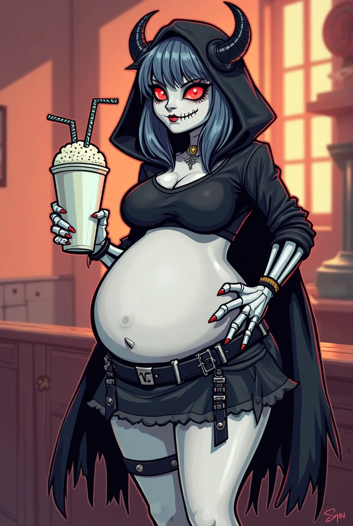 Goth girl, big cleavage, bikini, barefoot, full body, big bust, kneeling, eye contact, looking at viewer, blowjob, cheek bulge, drinking cum