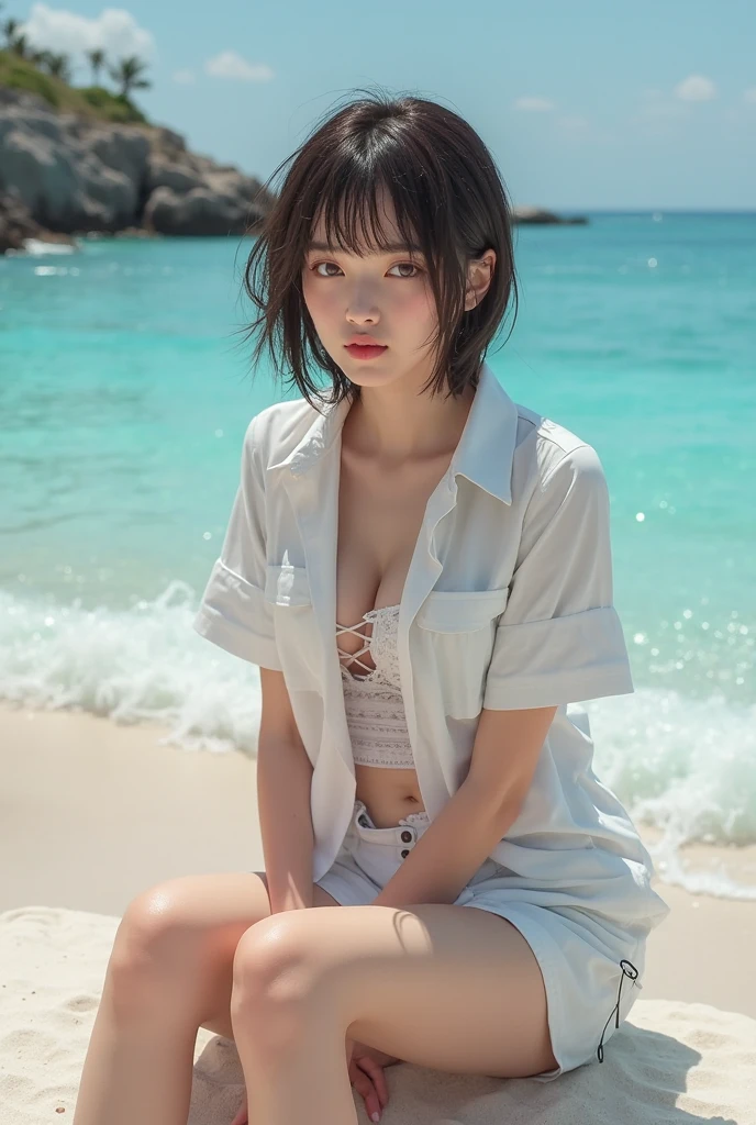 A woman who has been  and tied up、Hands tied with rope、２１talent、Beauty、Well-formed face、Make your eyes even、Beautiful black hair、Has bangs、Well-balanced proportions、Beautiful legs、Dark short-sleeved shirt、skirt、Sitting in a beach bungalow、White panties are visible、Facing forward、Medium build、Like real life、highest quality、