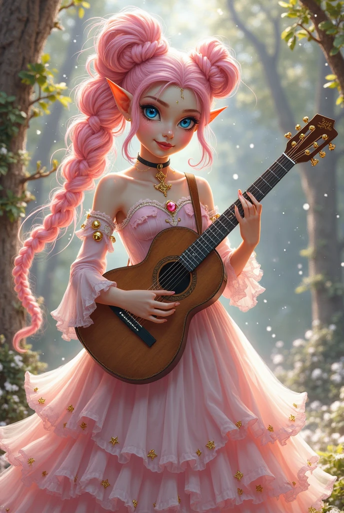 A very young and cheerful girl, She is an RPG character, her hair is pink and she has marks scattered across her body like mystical tattoos because she is the daughter of a fairy, She has elegant clothes for a musician because she is a bard, She has a mandolin and two beautiful scimitars, The marks she has are golden, She has human features but her hair is quite pink and her ears are slightly large on her arms and neck she has several golden mystical symbols