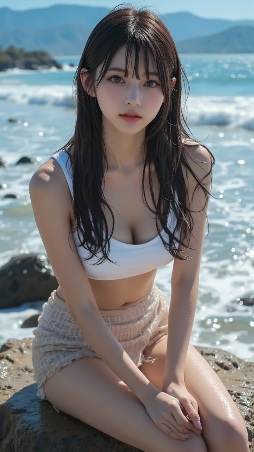 NSFW, 1 girl、 Full body Esbian、Super-detailed face, smiling, wet face, (Relaxed fit), (15 years old:1.3),black hair、long hair、big breasts, There is a cleavage in the chest、carvery, shoulders are exposed, (delicate illustrations:1.4)、(masterpiece:1.0)、(highest quality:1.4)、(ultra high resolution:1.2)、(photorealistic:1.4)、(8K、Live shooting:1.2)、(soft focus:1.4)、 (sharp focus:1.4)、inside the cave、surrounded by rocks、rock ceiling above、white t-shirt, The navel is visible, Relaxed fit, Short T-shirt, underboob,, white see-through panties, white string panties、from behind, crouching on a rock