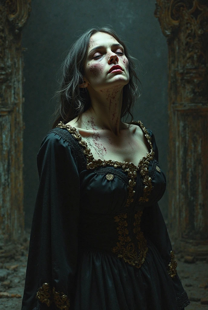 realistic epic, Woman crying with (goat horns 1. 2), sad look, deeply sad facial expression, red and swollen eyes, furrowed eyebrows, red nose, wet cheek, half-open mouth (blood tears 1. 2), (bloodstains on face 1. 4), (dark shot: 1. 4), black hair, beautiful detailed eyes and ears, dramatic lighting, painting style, Gothic art, black eyes, by French painter Alexandre Cabanel, oil painting, (realistic details), (poor peasant clothes 1. 2), veil, neckline, (bare shoulders), gothic lighting, old gothic cathedral background, dim lighting, gloomy